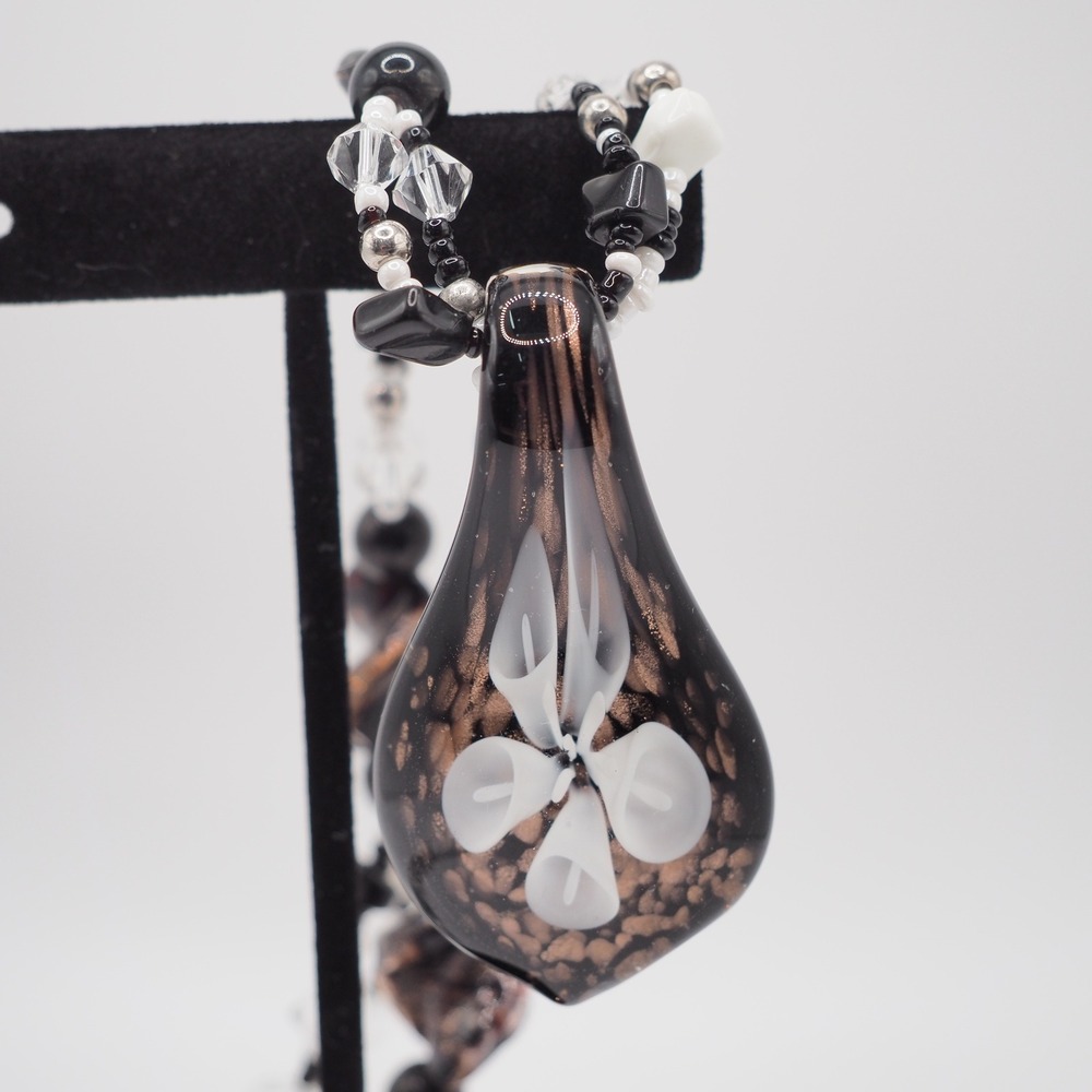 Artisan Blown Art Glass Necklace Black Calla Lily Floral Pendant Glitter Beads